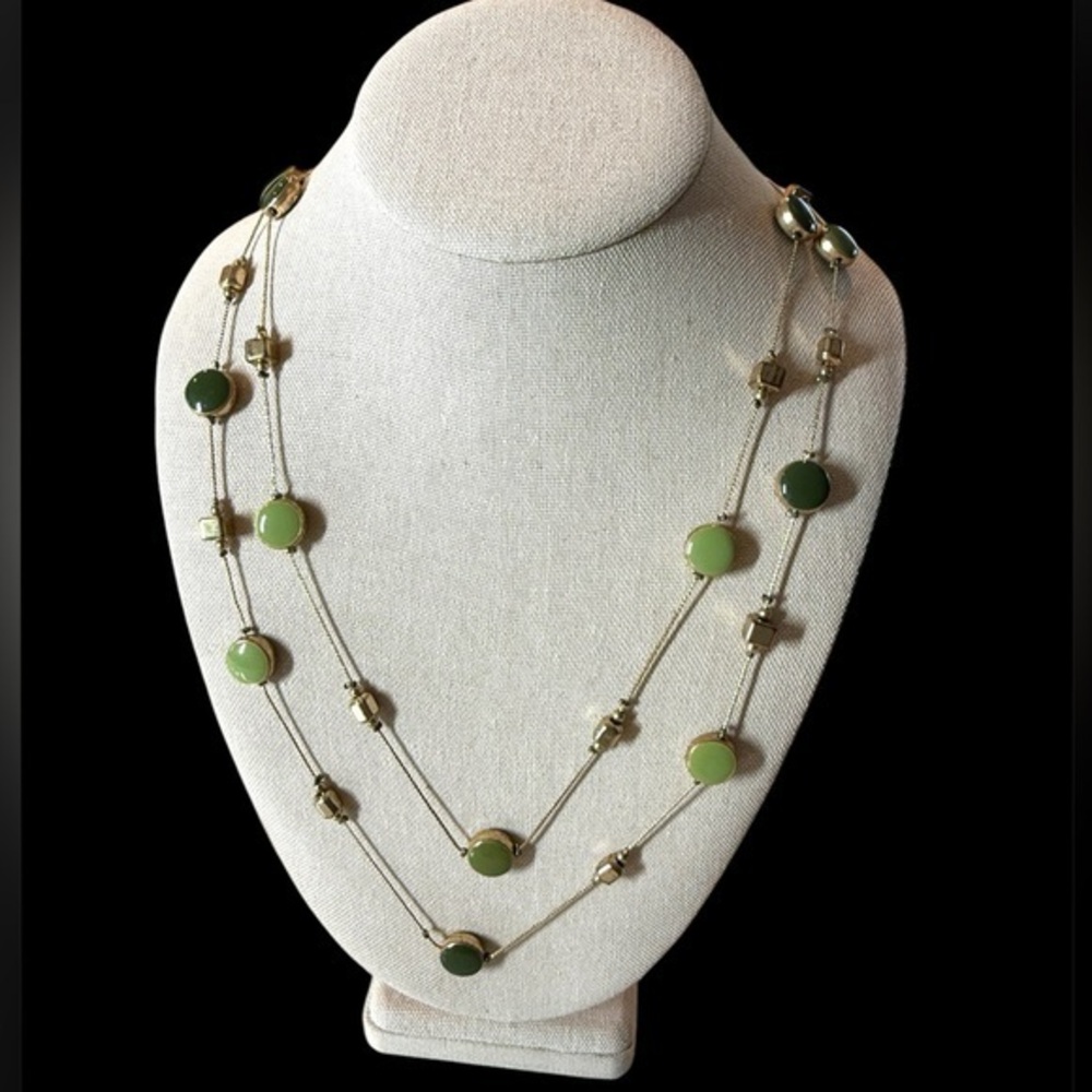 Charming Charlie Double Strand Green Gold Beaded Necklace Layered 18”